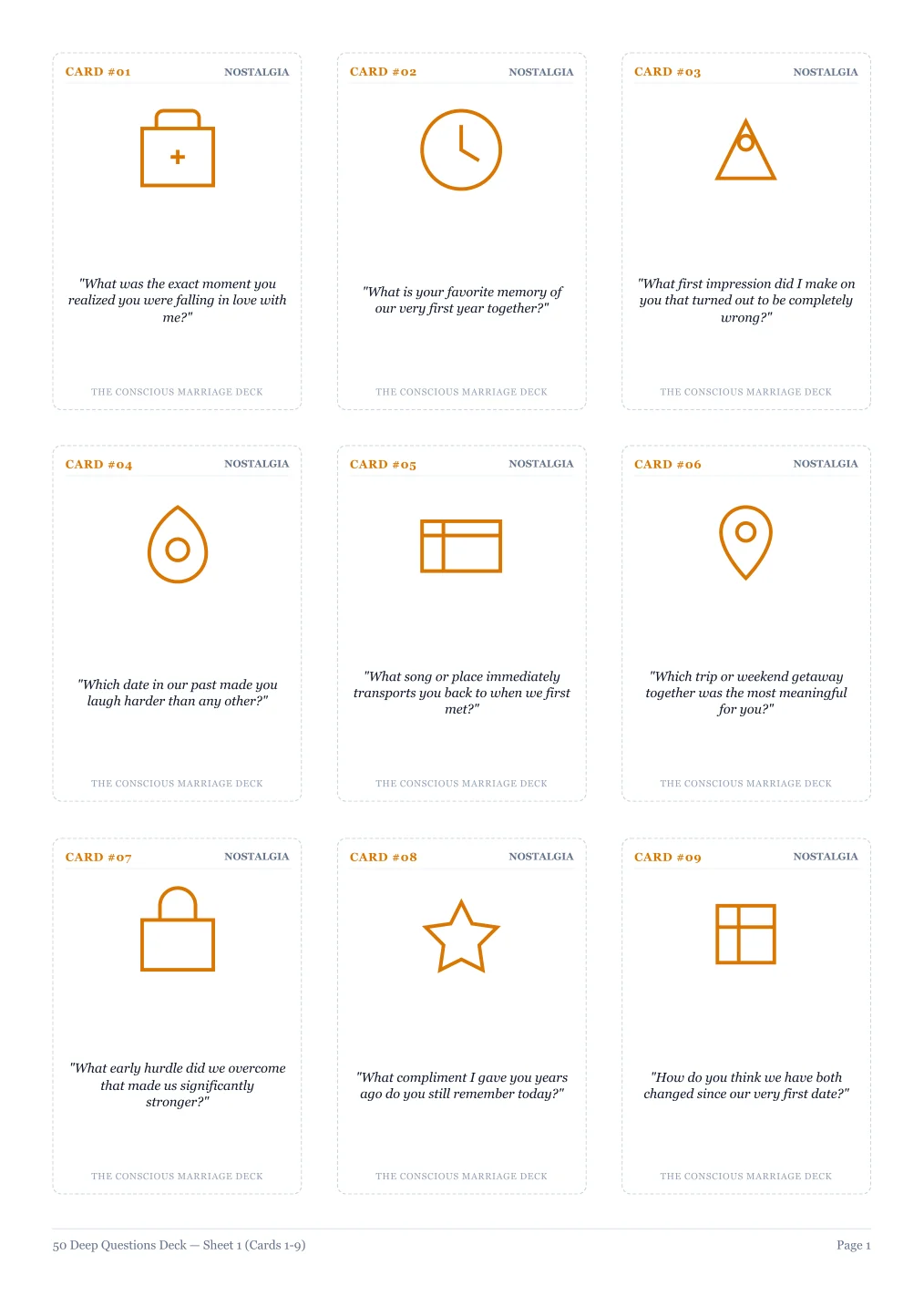 Actual printable pages from 50 Deep Questions cards