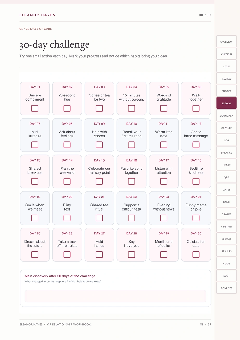 Real 30-day connection challenge page from the workbook